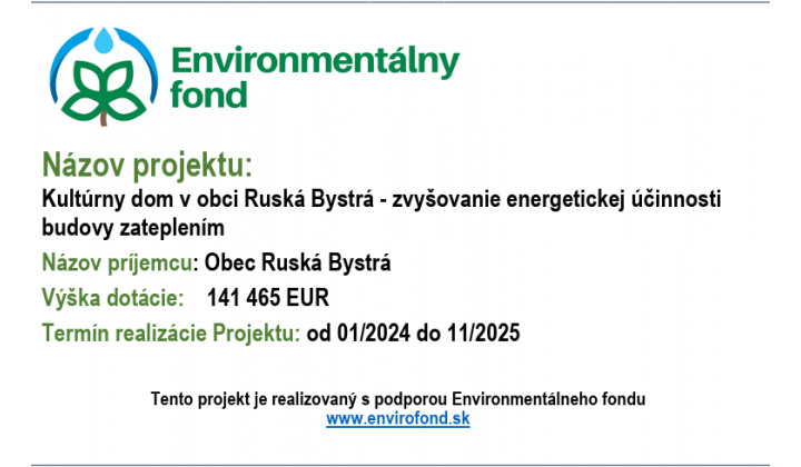 Kultúrny dom v obci Ruská Bystrá - zvyšovanie energetickej účinnosti budovy zateplením